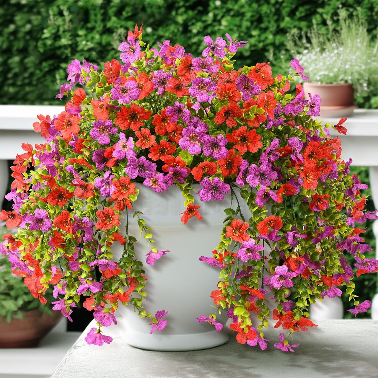 2-Pack Artificial Hanging Flowers – Realistic Silk Daisies in Purple and Red, UV-Resistant Outdoor Décor for Porches, Patios, Windows, and Yards, Perfect for Spring and Summer
